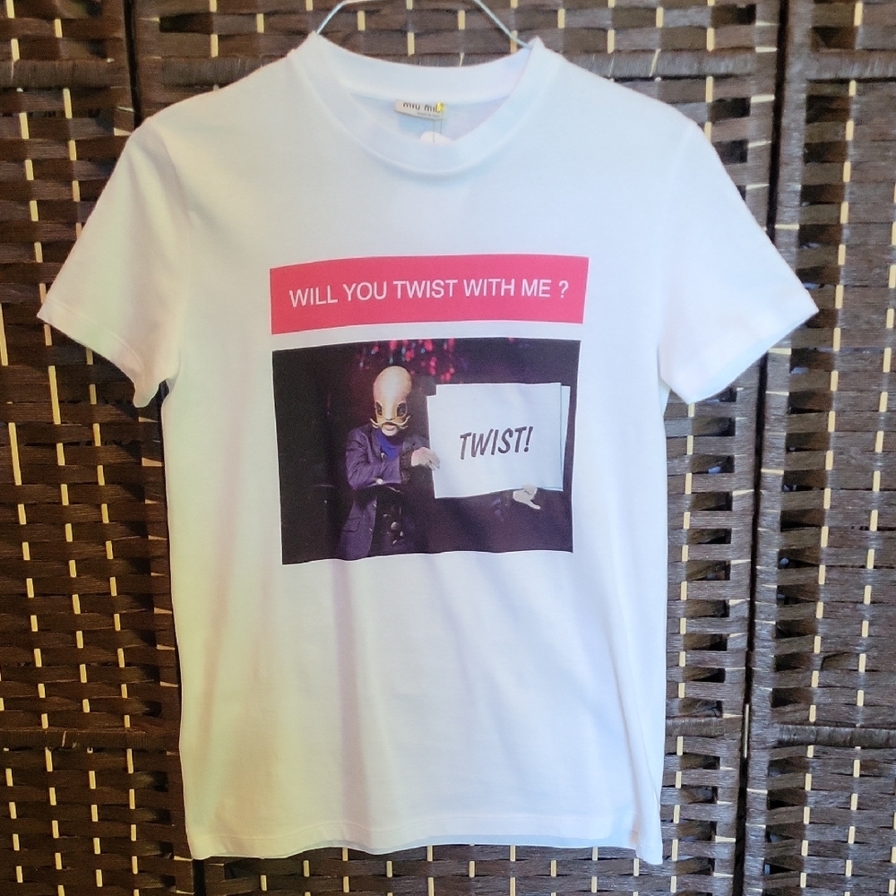 Miu Miu White Tee with Gold Pin Detail